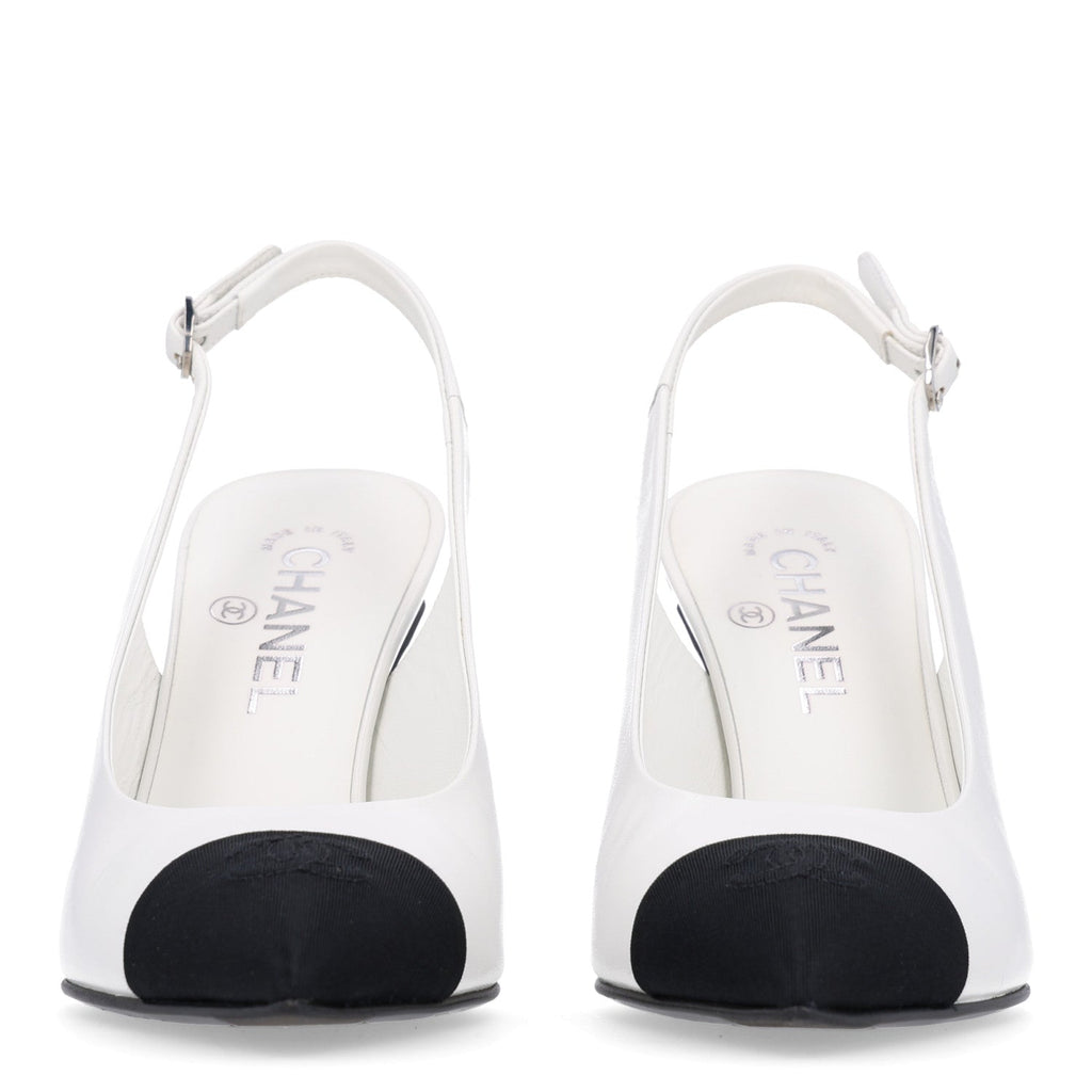 Goatskin Grosgrain Pointed Cap Toe CC Slingback Pumps 38.5 White Black