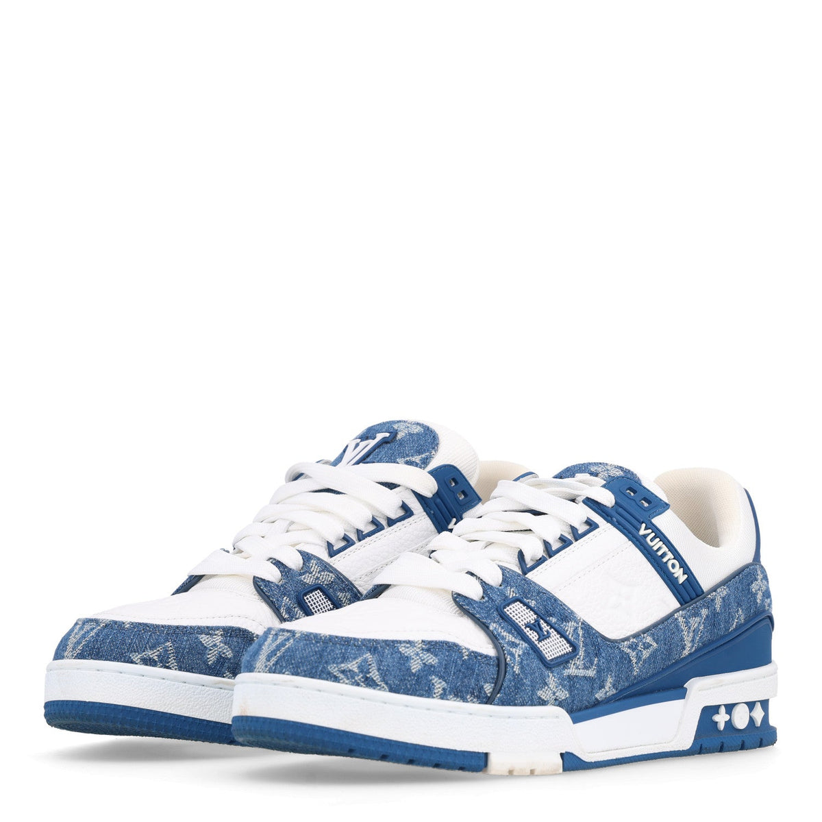 Calfskin Embossed Monogram Denim Womens LV Trainer Sneakers 40 Blue