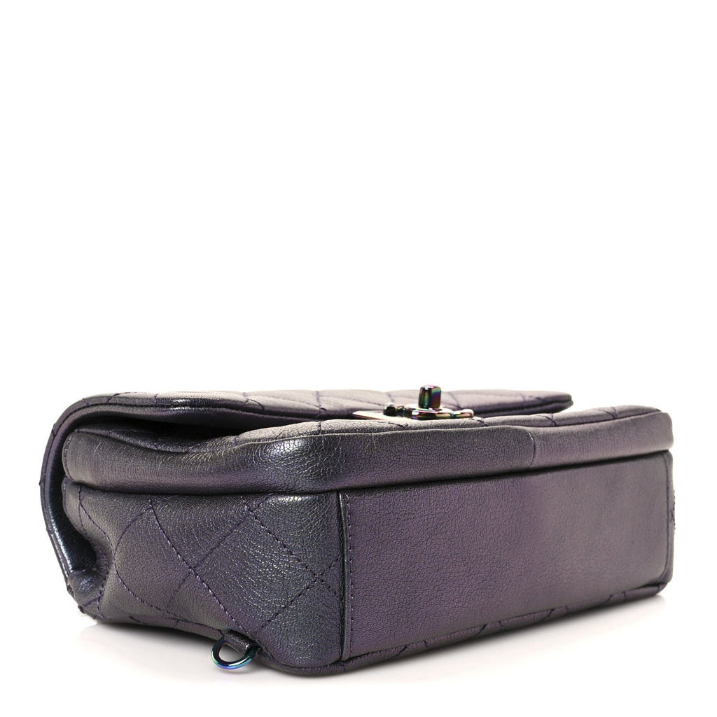 Iridescent Goatskin Quilted Small Double Carry Waist Chain Flap Purple