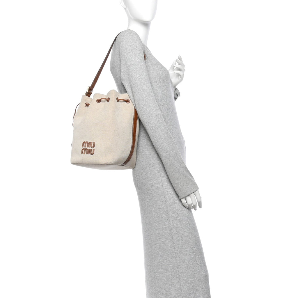 Canvas Calfskin Bucket Bag Natural Brandy