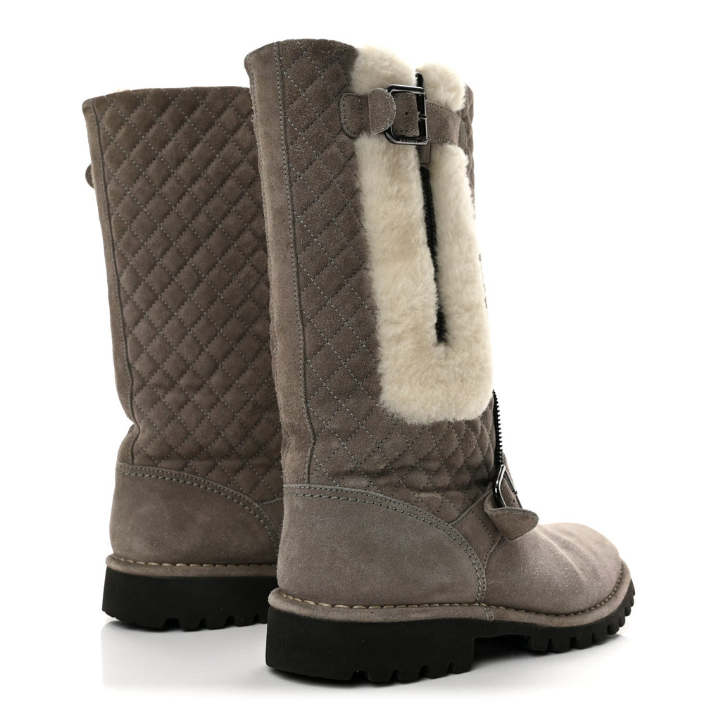 Shearling Suede Calfskin Quilted High Biker Boots 40 Grey